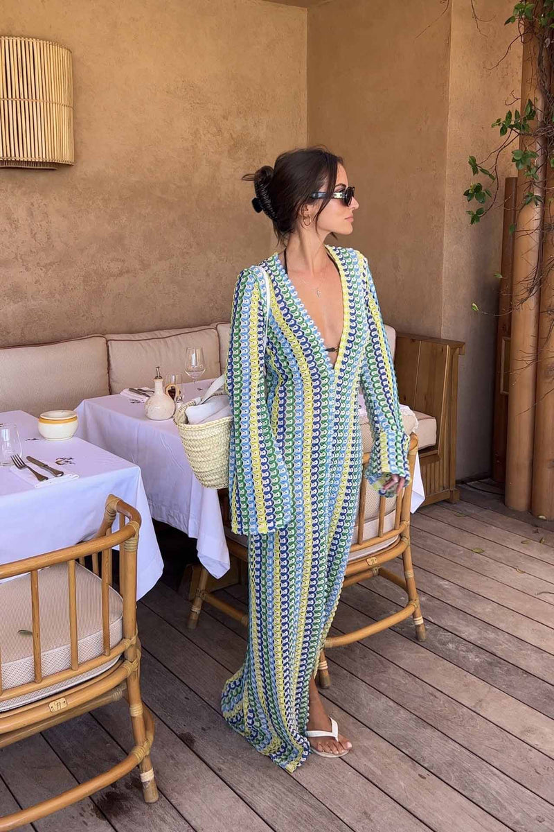 Boho V Neck Bell Sleeve Wavy Striped Crochet Beach Vacation Maxi Dress