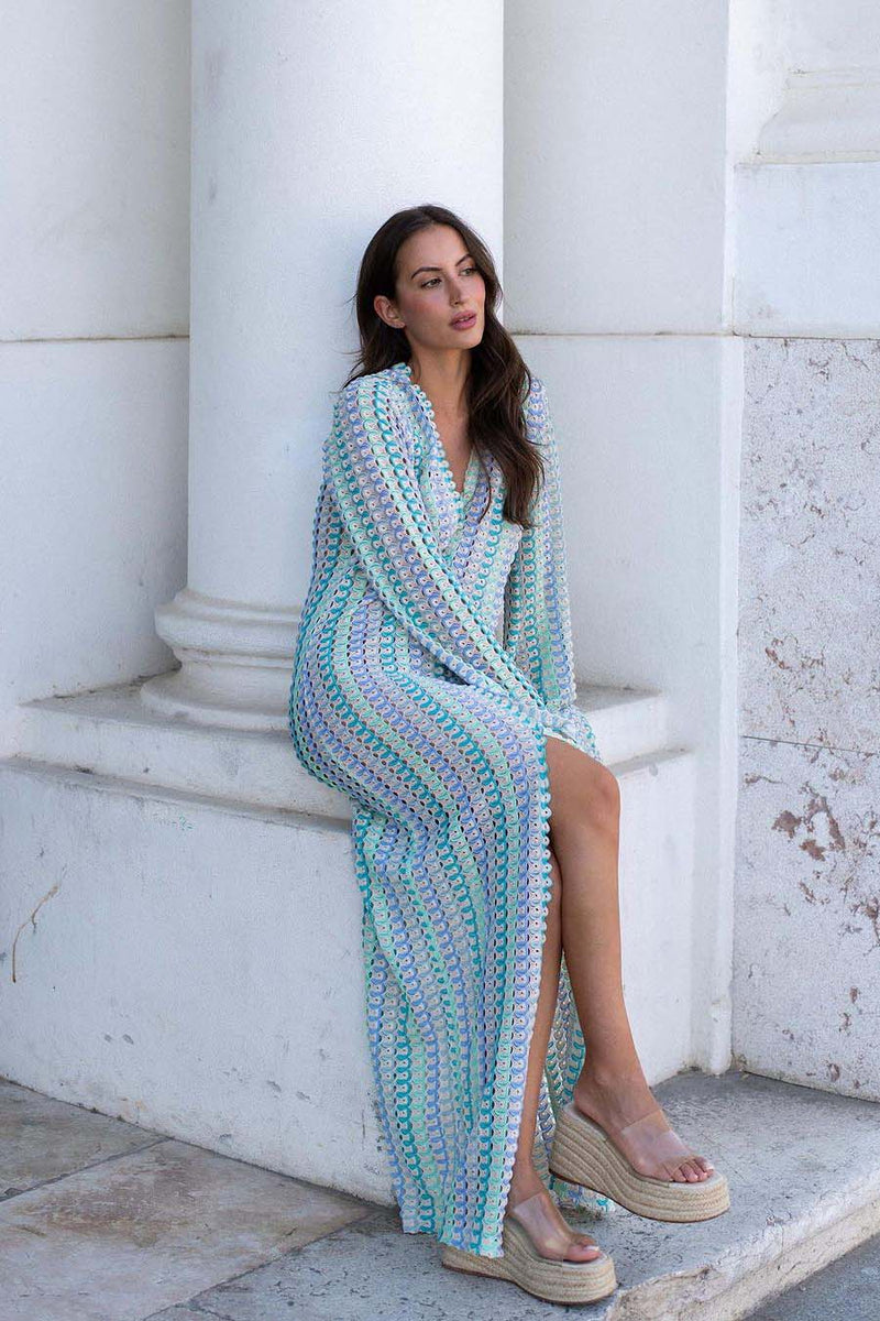 Boho V Neck Bell Sleeve Wavy Striped Crochet Beach Vacation Maxi Dress